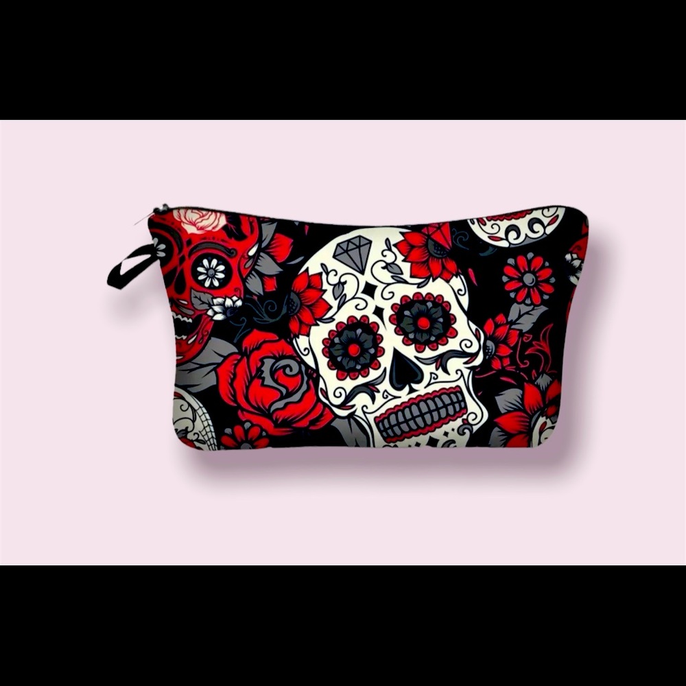 Skull and flower make up zipper pouch bag